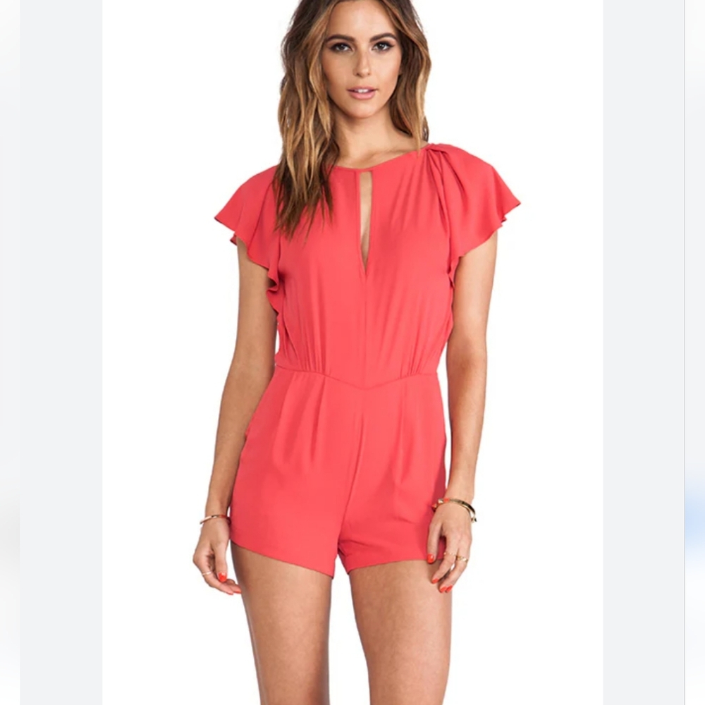 BCBG Maxazria Karmin Red Poppy Deep Keyhole Front Open Back Romper Size 4